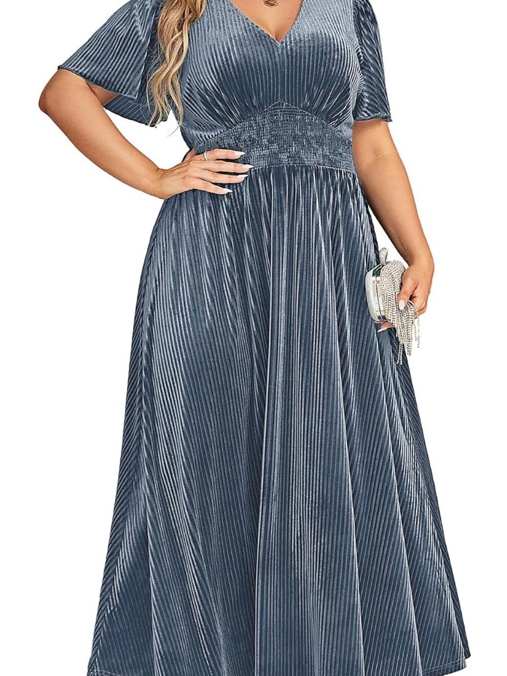 Plus Size Slate Blue Velvet V-Neck Maxi Dress